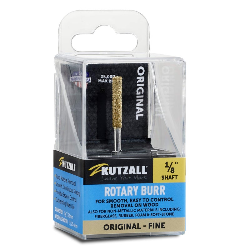 Kutzall Original Cylinder Rotary Burr, 1â„8" Shaft, Fine - Wood Carving Bit for Dremel, Foredom, DeWalt, Milwaukee. Abrasive Tungsten Carbide, 1â„8" (3.1mm) Dia. X 7â„8" (22.2mm) Length, C-18-EG - Image 1